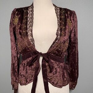 Persaman Velvet Lace Tie Front Top Plum Brown Boho Victorian Romantic Medium